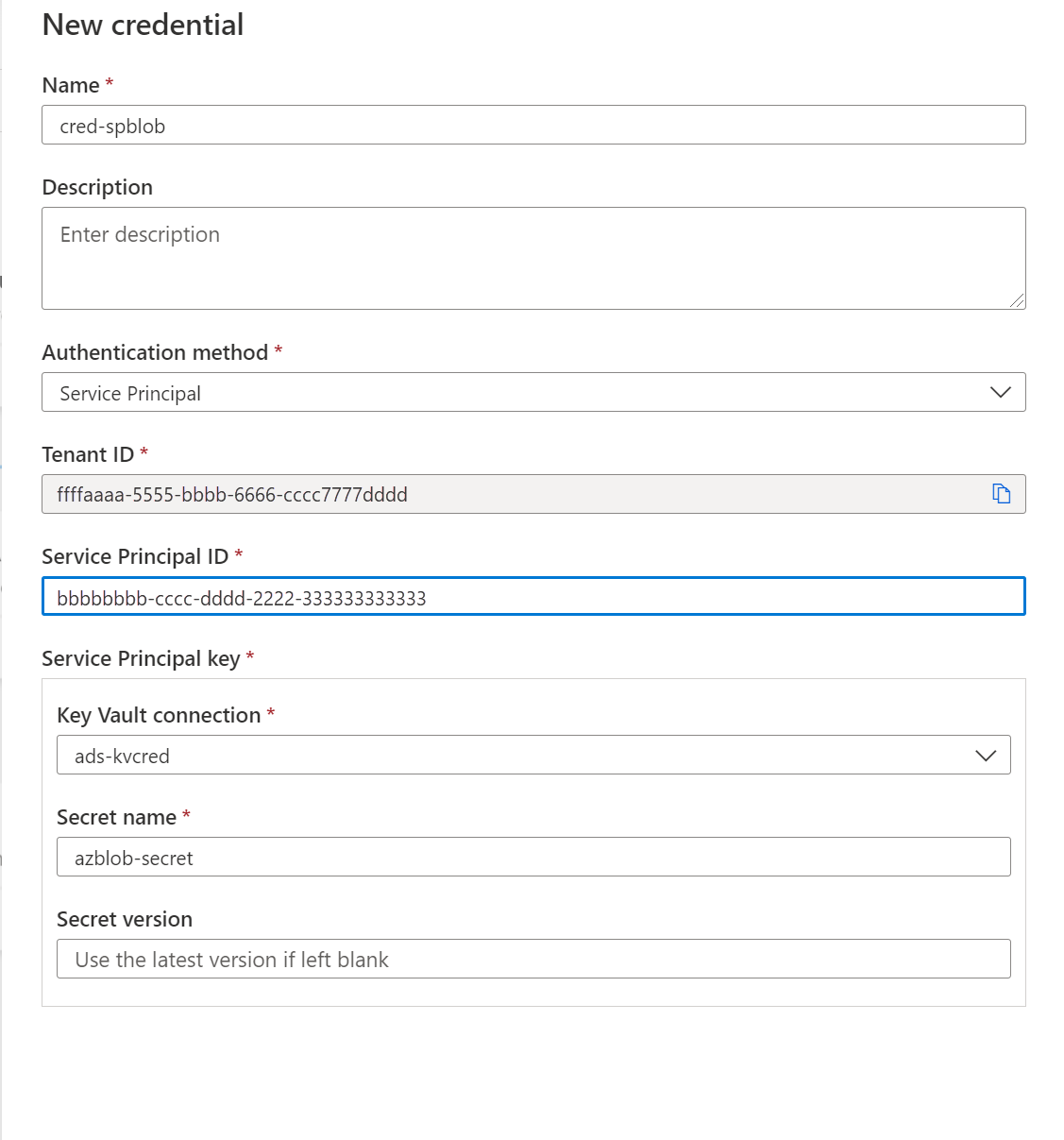 Screenshot that shows the service principal option