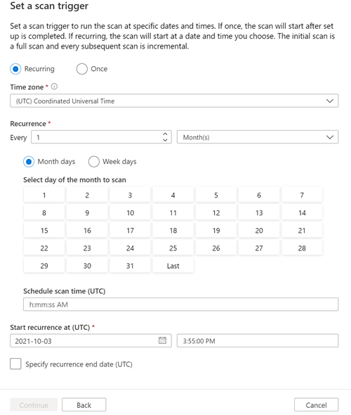 Screenshot of the set a scan trigger page.