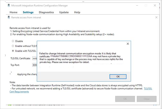 Screenshot of the Integration Runtime Configuration Manager Settings pane, displaying a "private key missing" error message.