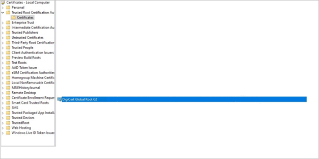 Screenshot showing the DigiCert Global Root G2 folder in the Trusted Root Certification Authorities directory.