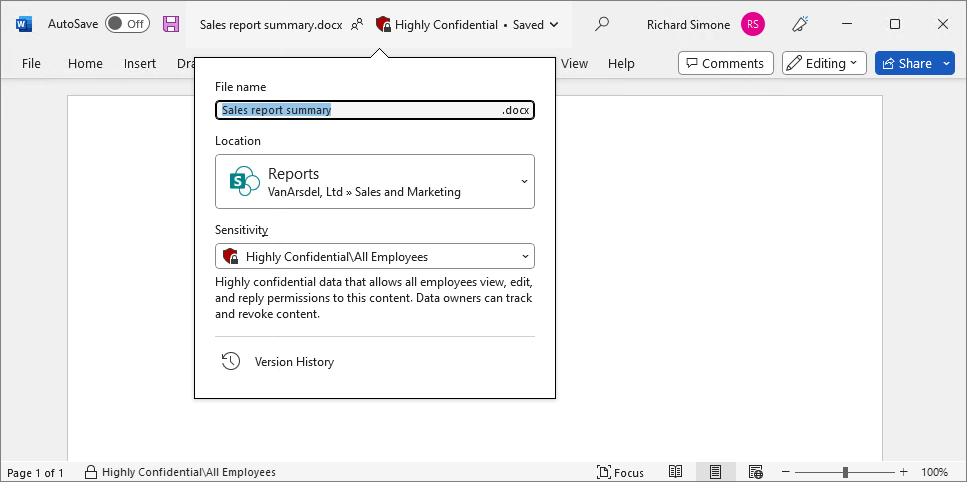 Screenshot of sensitivity labels on the window title bar.