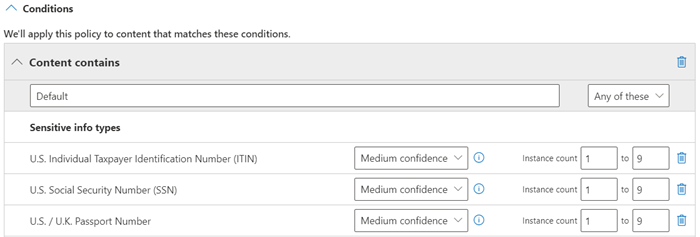 Instance count and match accuracy options for a sensitive information type policy condition.