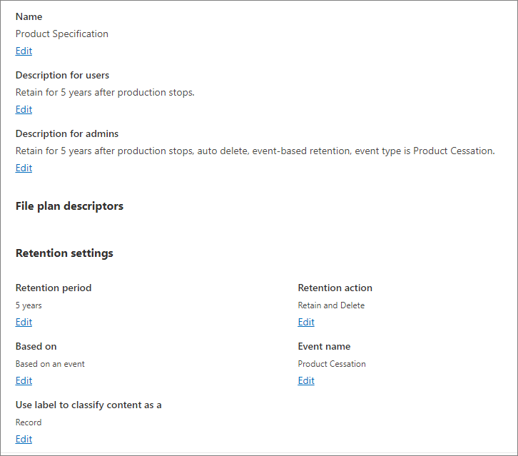 Screenshot of retention settings for the Product Specification label.