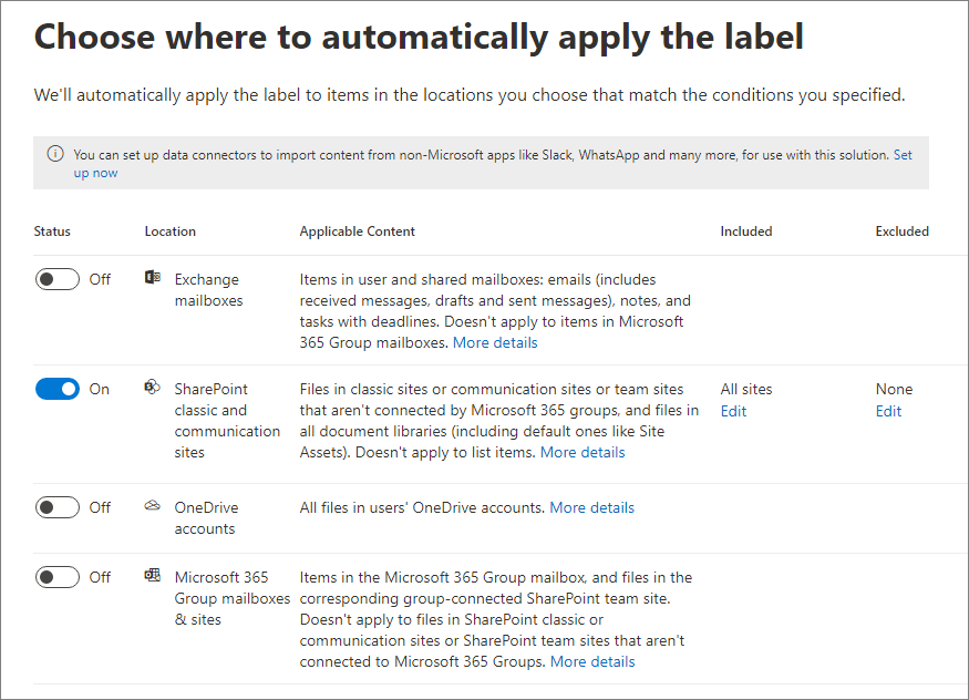 Screenshot of the Choose where to automatically apply the label page with SharePoint sites selected.
