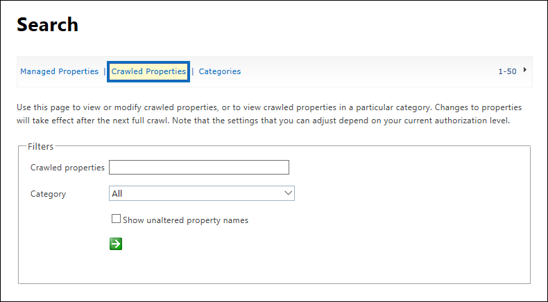 Screenshot of crawled properties in the search schema configuration.