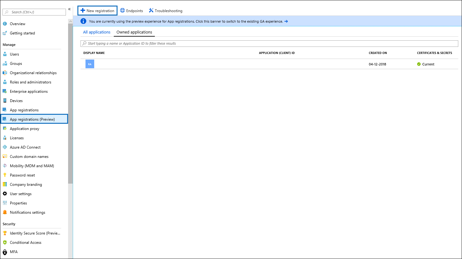 Screenshot of the Microsoft Entra ID App registrations page with the New registration option.