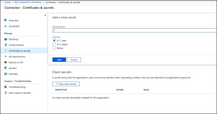 Screenshot of the client secret form with the description field and expiration period options.