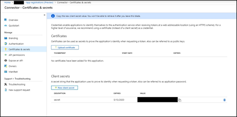 Screenshot of the client secret value displayed for copying and saving.