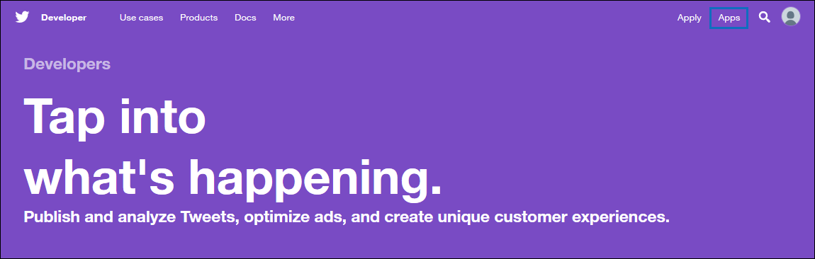 Screenshot of the Twitter developer portal home page with the Apps option.