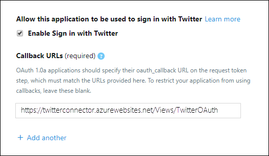 Screenshot of Twitter app settings showing sign-in permission enabled and OAuth redirect URI configured.
