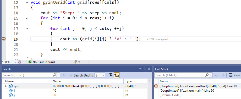 A screenshot that shows debugging the printGrid function.