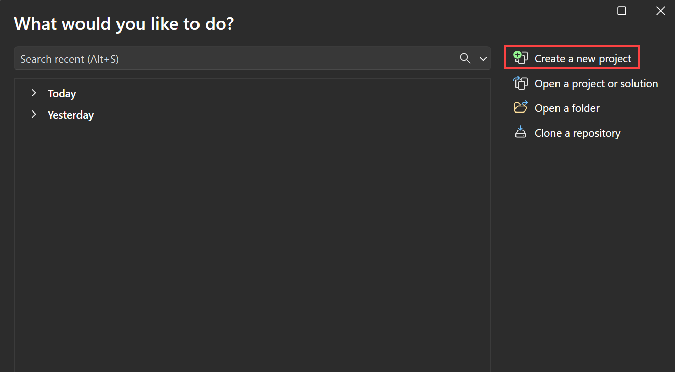 Screenshot that shows the Create a new project window.