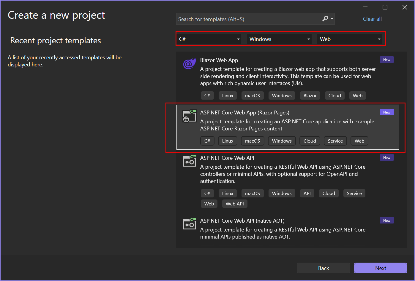 Screenshot that shows the ASP.NET Core Web App project template selected and highlighted on the Create a new project page.
