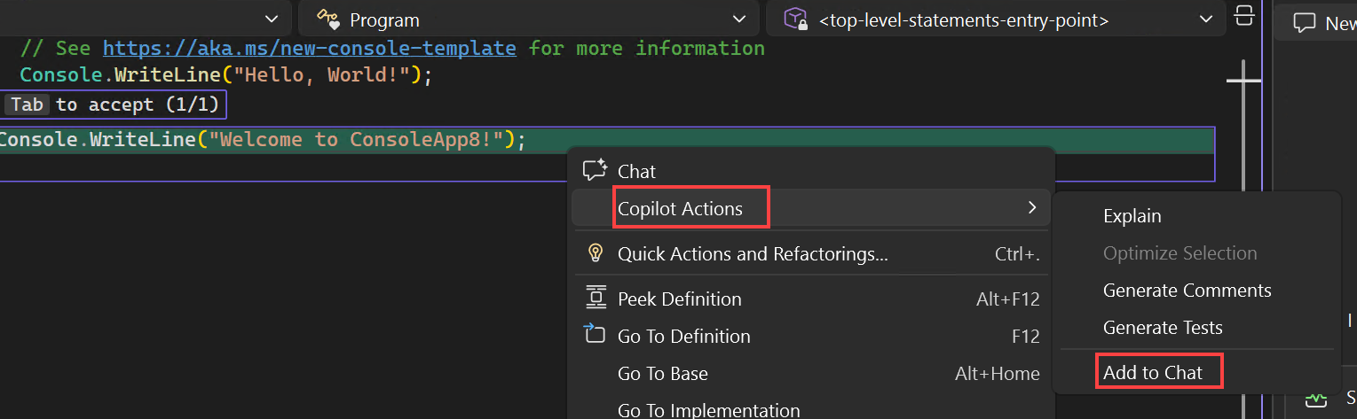 Screenshot of how to continue the inline chat thread in the chat window.