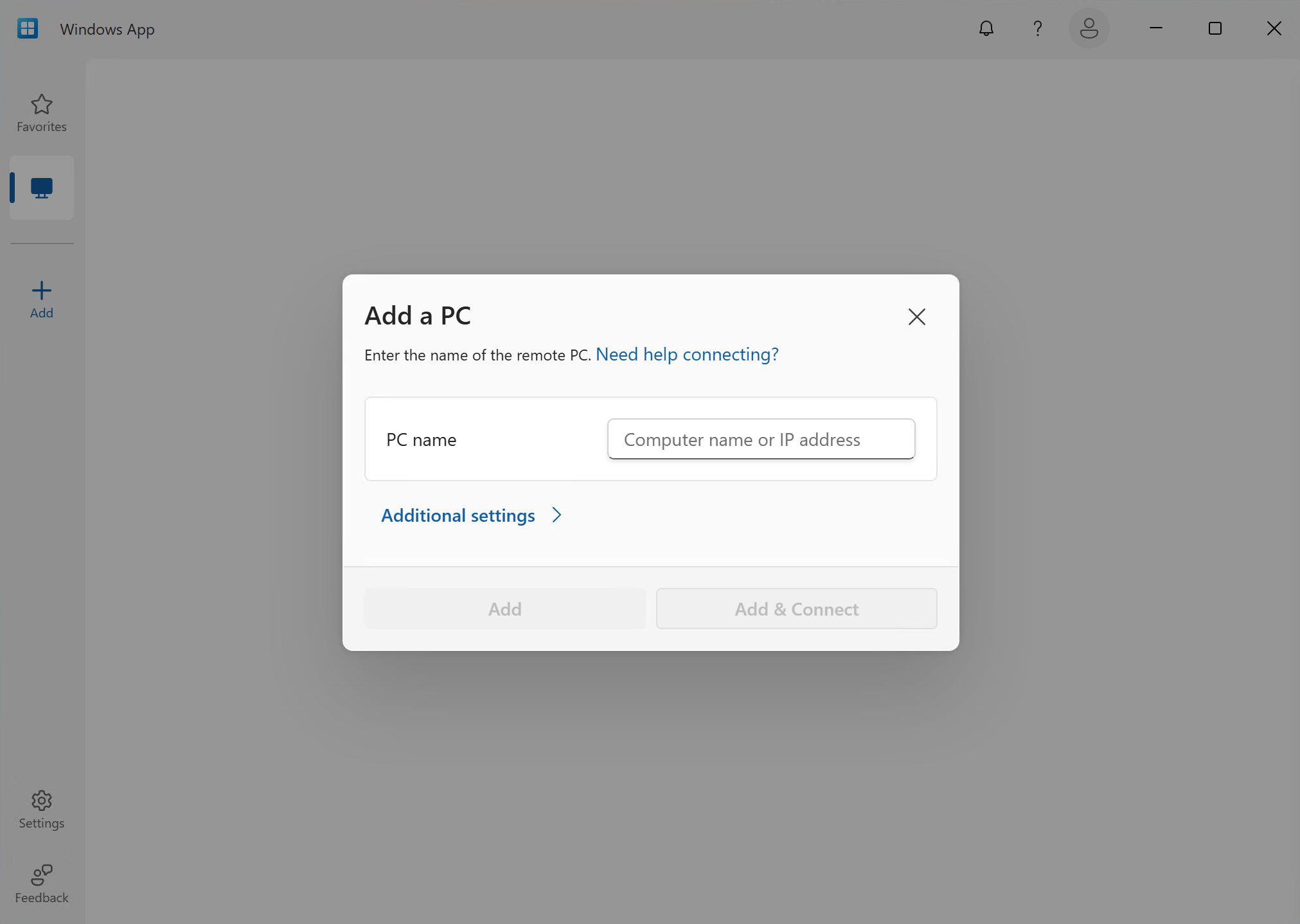 Screenshot that shows the Add a PC dialog box in Windows App.