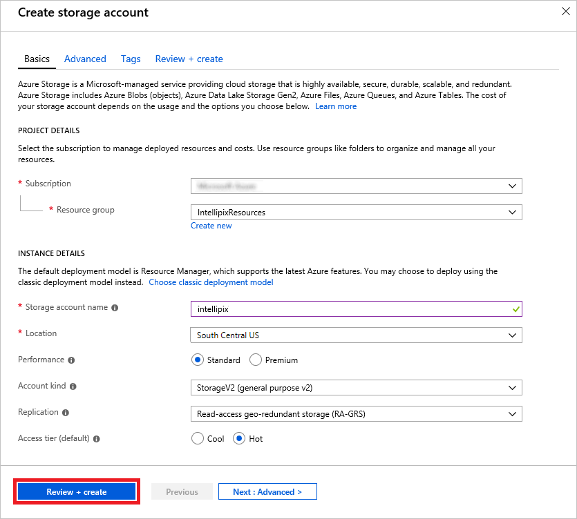 Specifying parameters for a new storage account