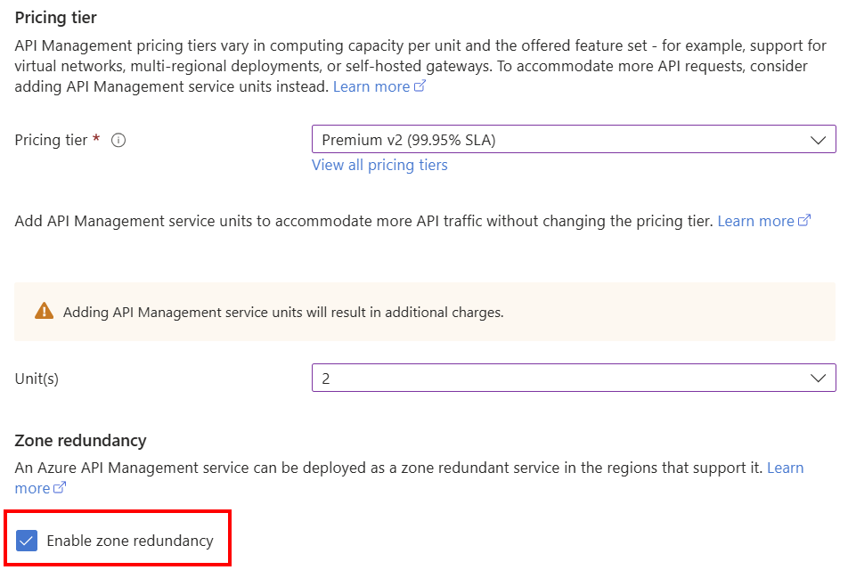 Screenshot of enabling zone redundancy for a Premium v2 instance in the portal.