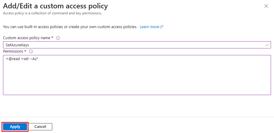 Screenshot showing a form to add custom access policy.