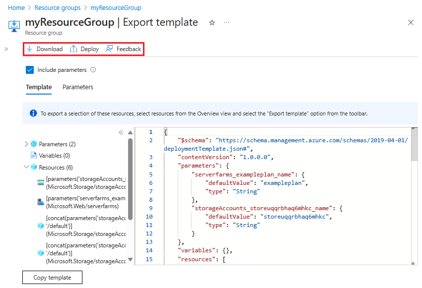 Screenshot of the displayed exported template in Azure portal.