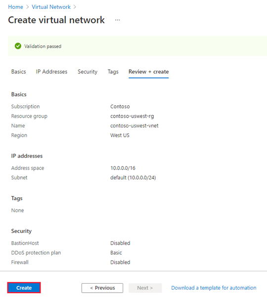 Screenshot that shows settings for the new virtual network.