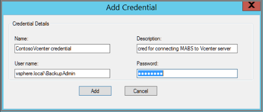 Screenshot shows the Azure Backup Server Add Credential dialog box.