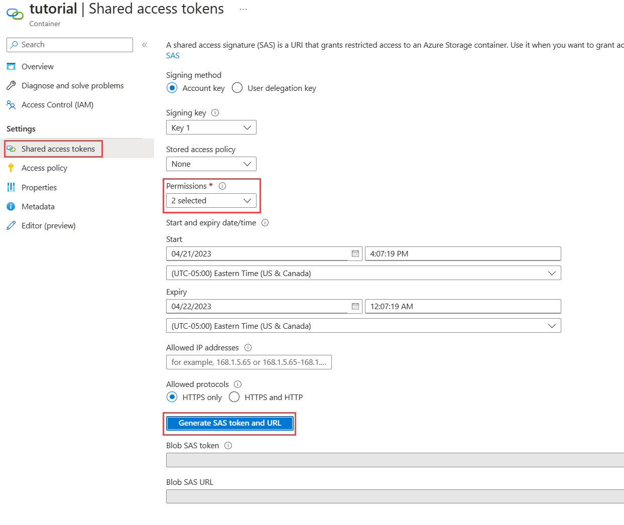 Screenshot of the Shared access tokens page that highlights the Permissions dropdown and the Generate SAS token and URL button.