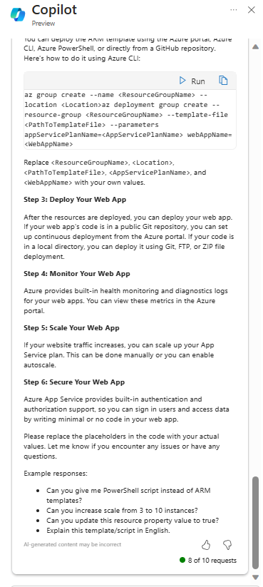 Screenshot showing Microsoft Copilot in Azure providing instructions for deploying the ARM template.