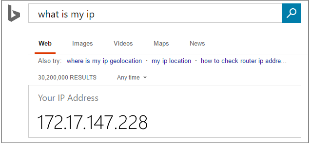 Screenshot of Bing search for What is my IP.