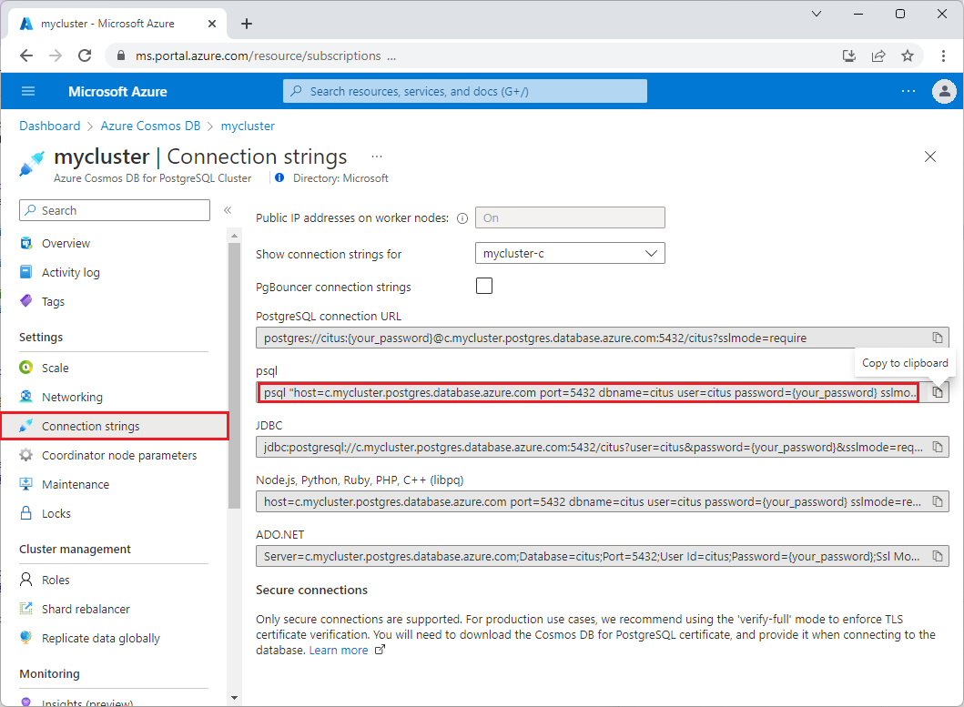 Screenshot that shows copying the psql connection string.