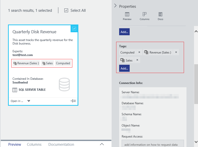 An example data asset is selected, and its tags are highlighted in the middle of its card. The properties pane is open, with the tags section highlighted. There's an Add button that can be used to add more tags.