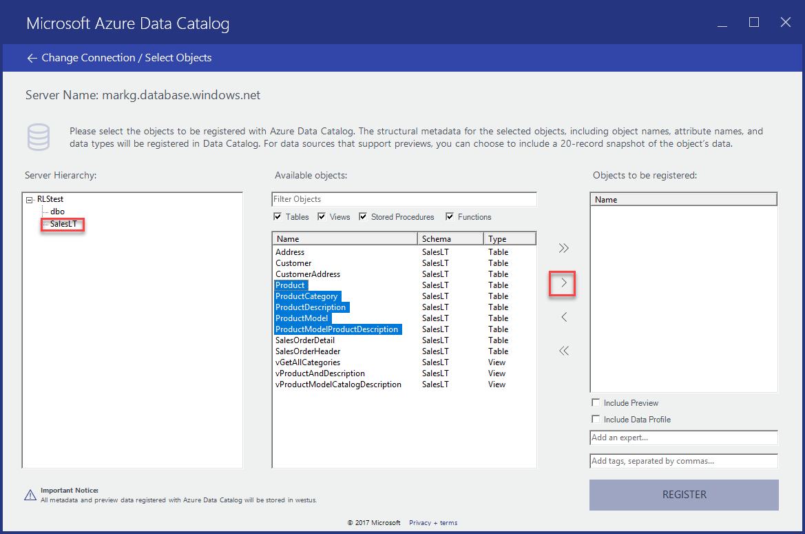 In the Server Hierarchy, Sales L T is selected. Then in the Available Objects list, the product, product category, product description, product model, and produce model produce description objects are all highlighted. Then the move-selected > is selected.