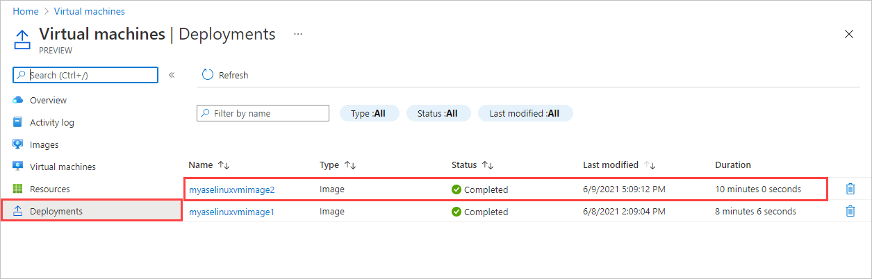 Screenshot showing the Deployments pane in Virtual Machines view of an Azure Stack Edge device. The entry for a deployed VM is highlighted.