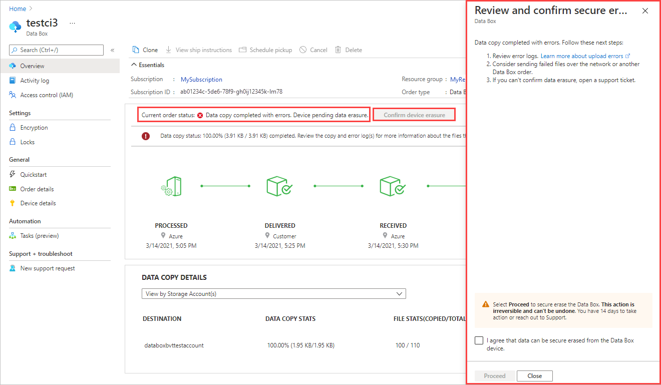 Screenshot of a Data Box order with retryable upload errors. TELL WHAT IS HIGHLIGHTED.