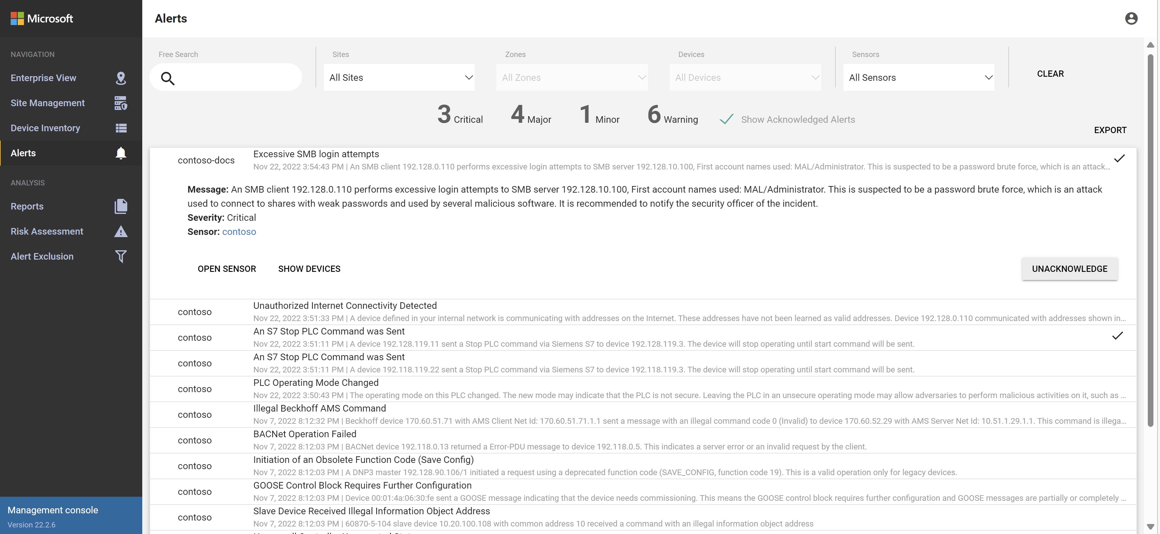 Screenshot of the Alerts page on the on-premises management console with one alert expanded for details.