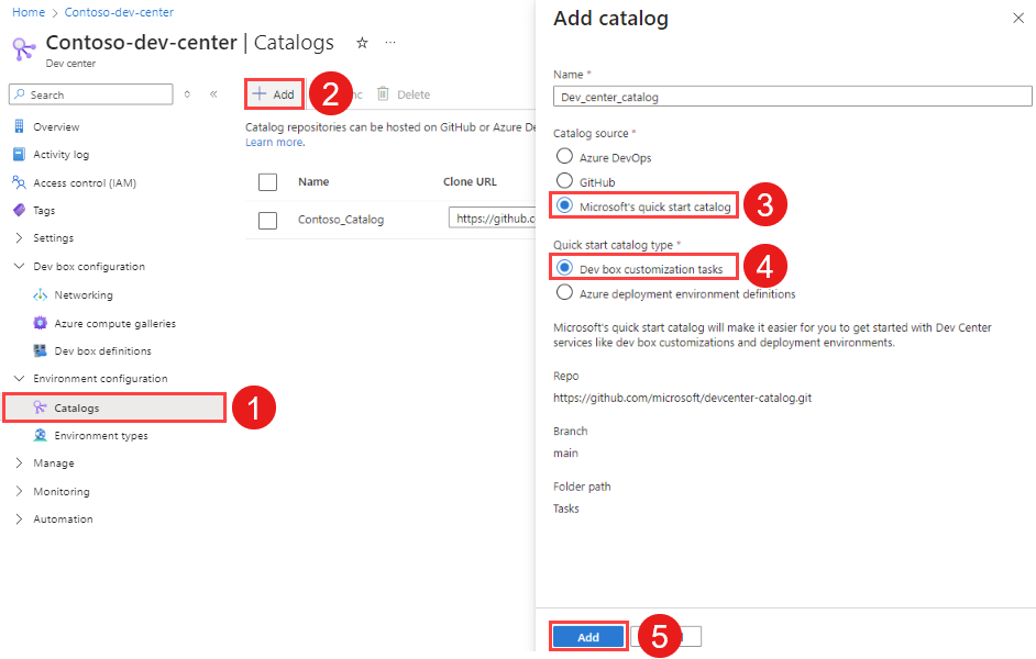 Screenshot of the Azure portal showing the Add catalog pane with Microsoft's quick start catalog and Dev box customization tasks highlighted.