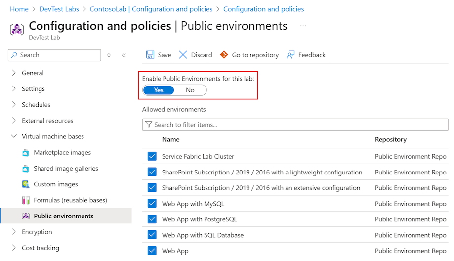 Screenshot that shows how to enable all public environment repositories for an existing lab resource.