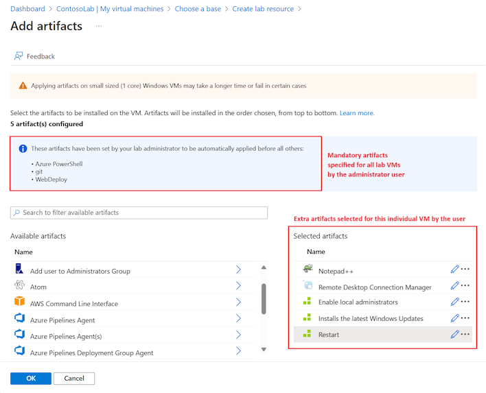 Screenshot that shows the Add artifacts screen with the list of mandatory artifacts that DevTest Labs plans to install.