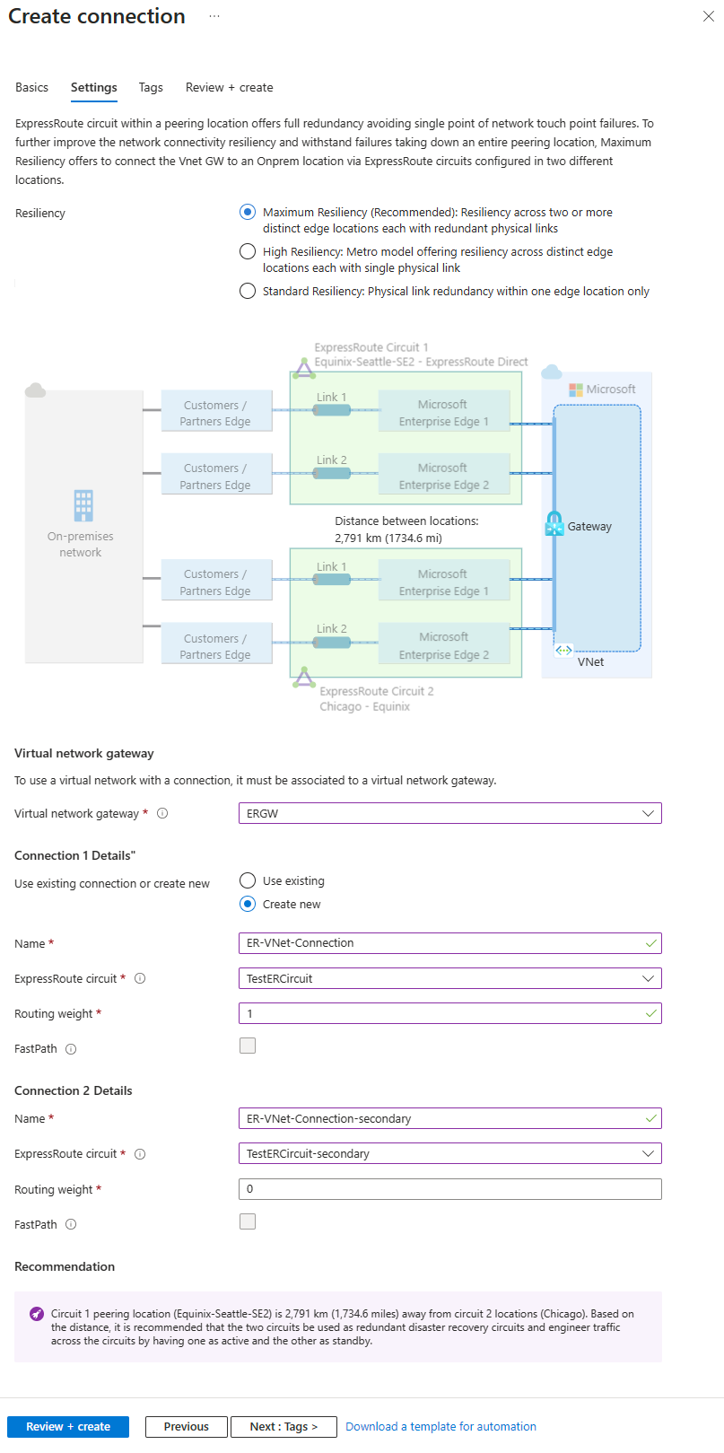 Screenshot of the settings page for maximum resiliency ExpressRoute connections to a virtual network gateway.