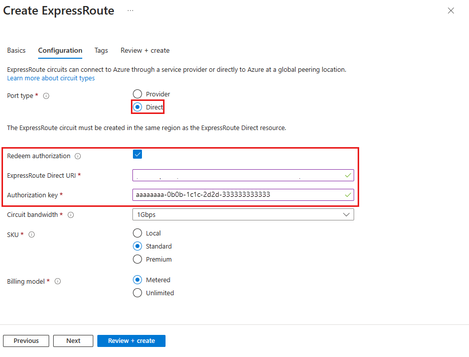 Screenshot of redeeming authorization when creating a new ExpressRoute circuit.