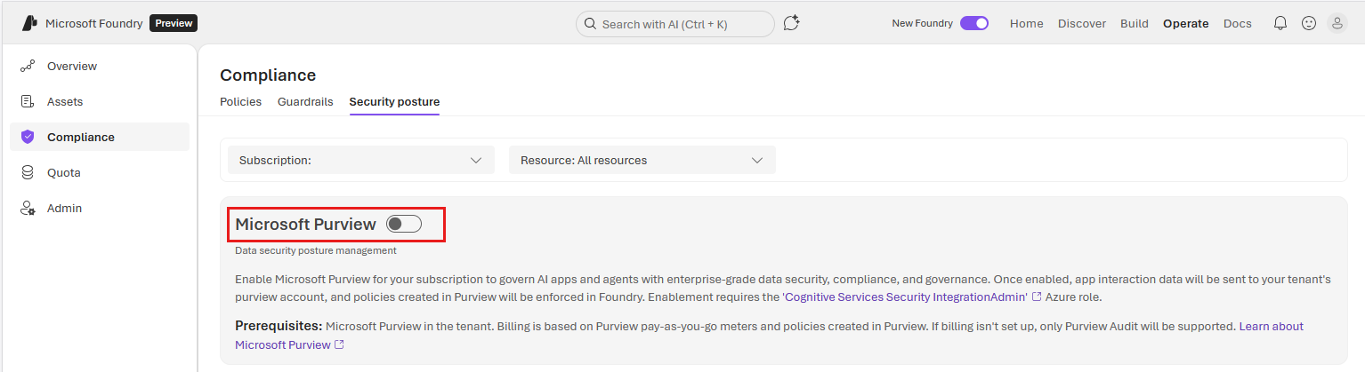 Screenshot of the toggle for enabling Microsoft Purview on the tab for security posture.