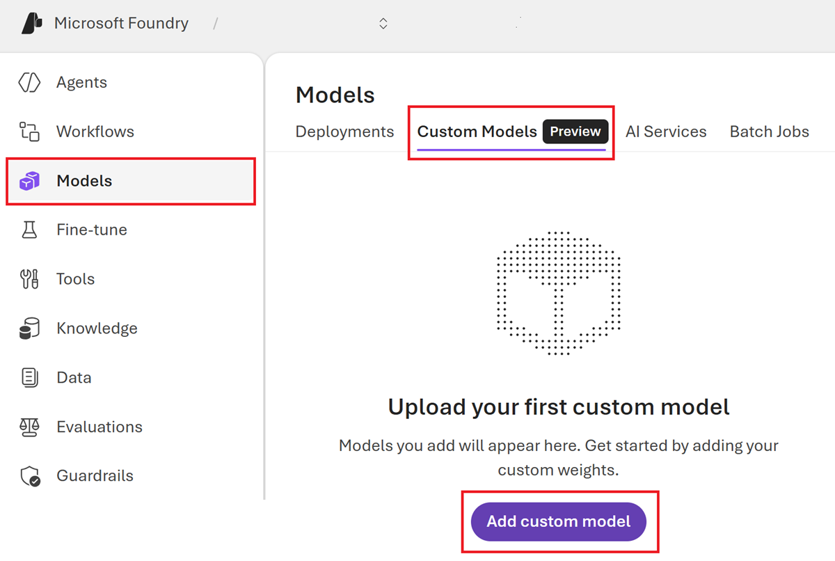 Screenshot of the Add a custom model page.