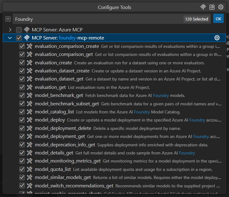 Screenshot of GitHub Copilot Agent Mode tools list showing Foundry MCP Server tool.