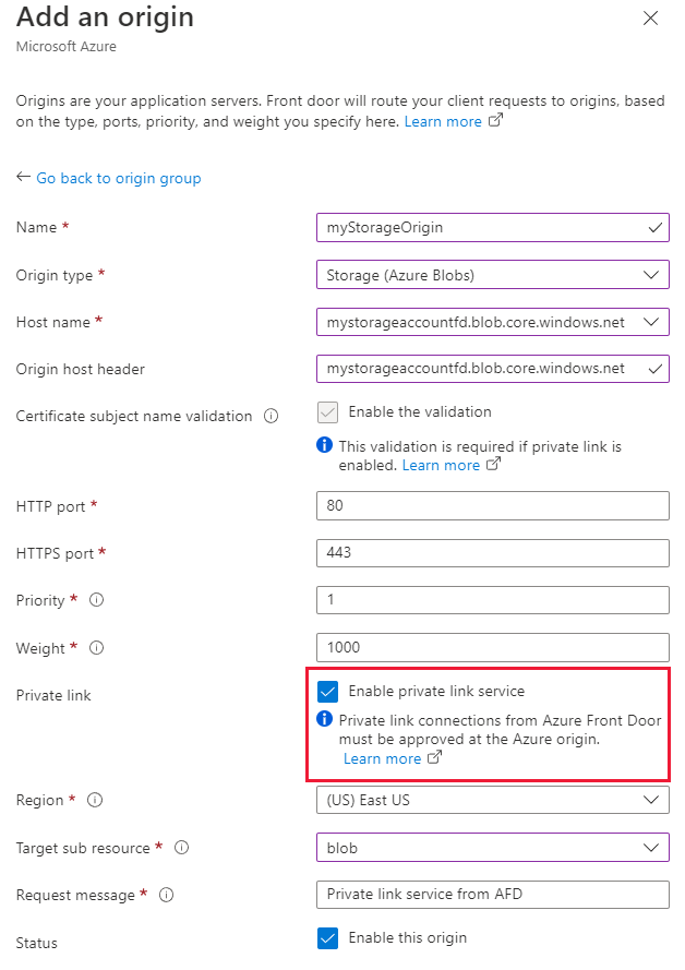 Screenshot of enabling private link to a storage account.