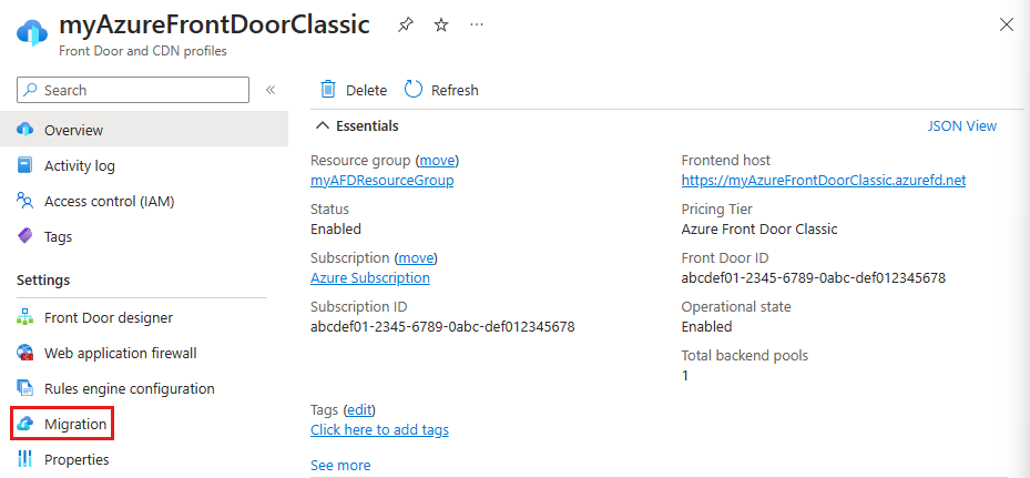 Screenshot of the migration button for a Front Door (classic) profile.