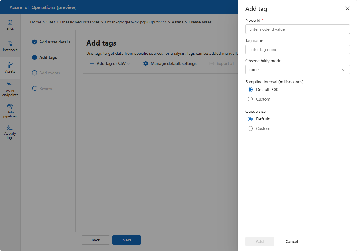 Screenshot that shows adding tags in the Azure IoT Operations (preview) portal.