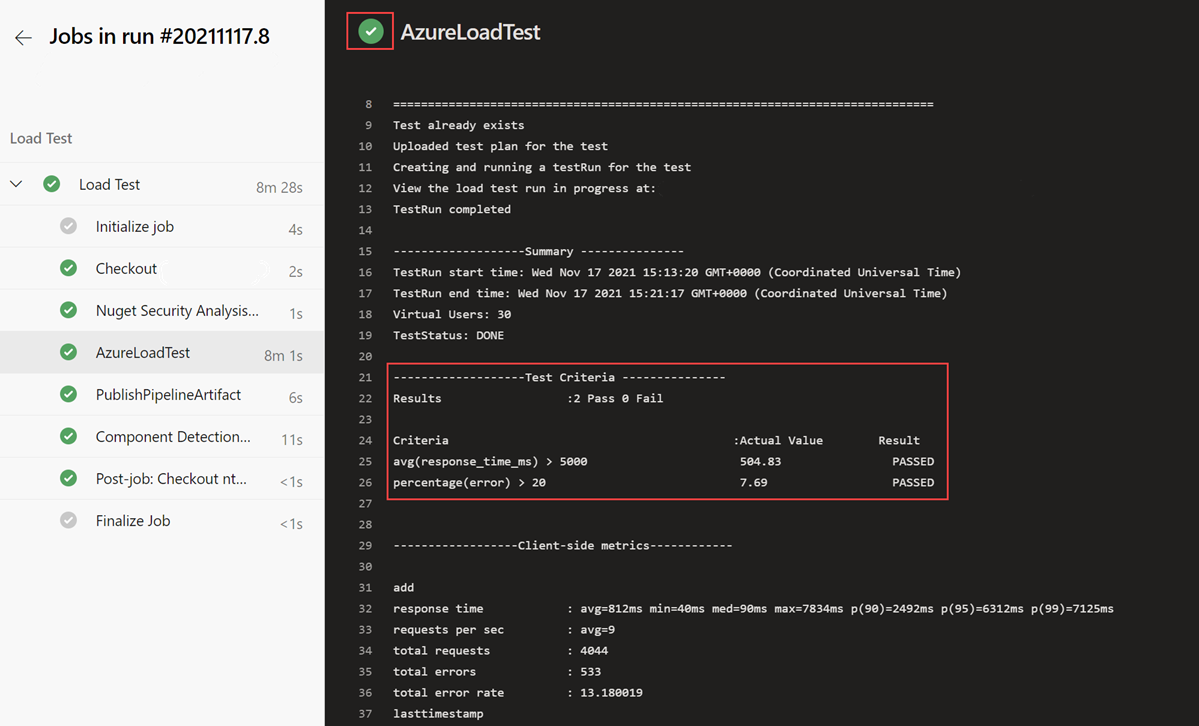 Screenshot that shows the test criteria in the CI/CD workflow log.