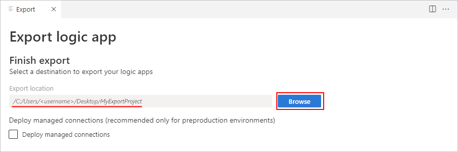 Screenshot showing 'Finish export' section and 'Export location' property with selected local export project folder.