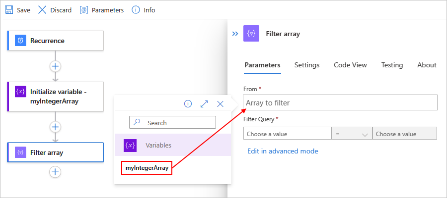 Screenshot showing the designer for a Standard workflow, the "Filter array" action, and the selected input to use.