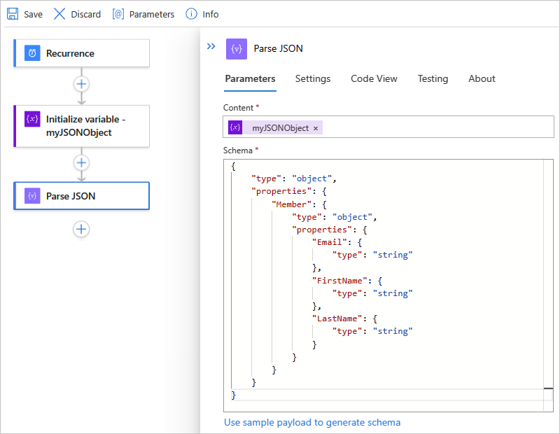 Screenshot showing the designer for a Standard workflow, the "Parse JSON" action, and the JSON schema for the JSON object that you want to parse.