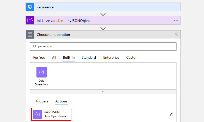 Screenshot showing the designer for a Consumption workflow, the "Choose an operation" search box, and the "Parse JSON" action selected.